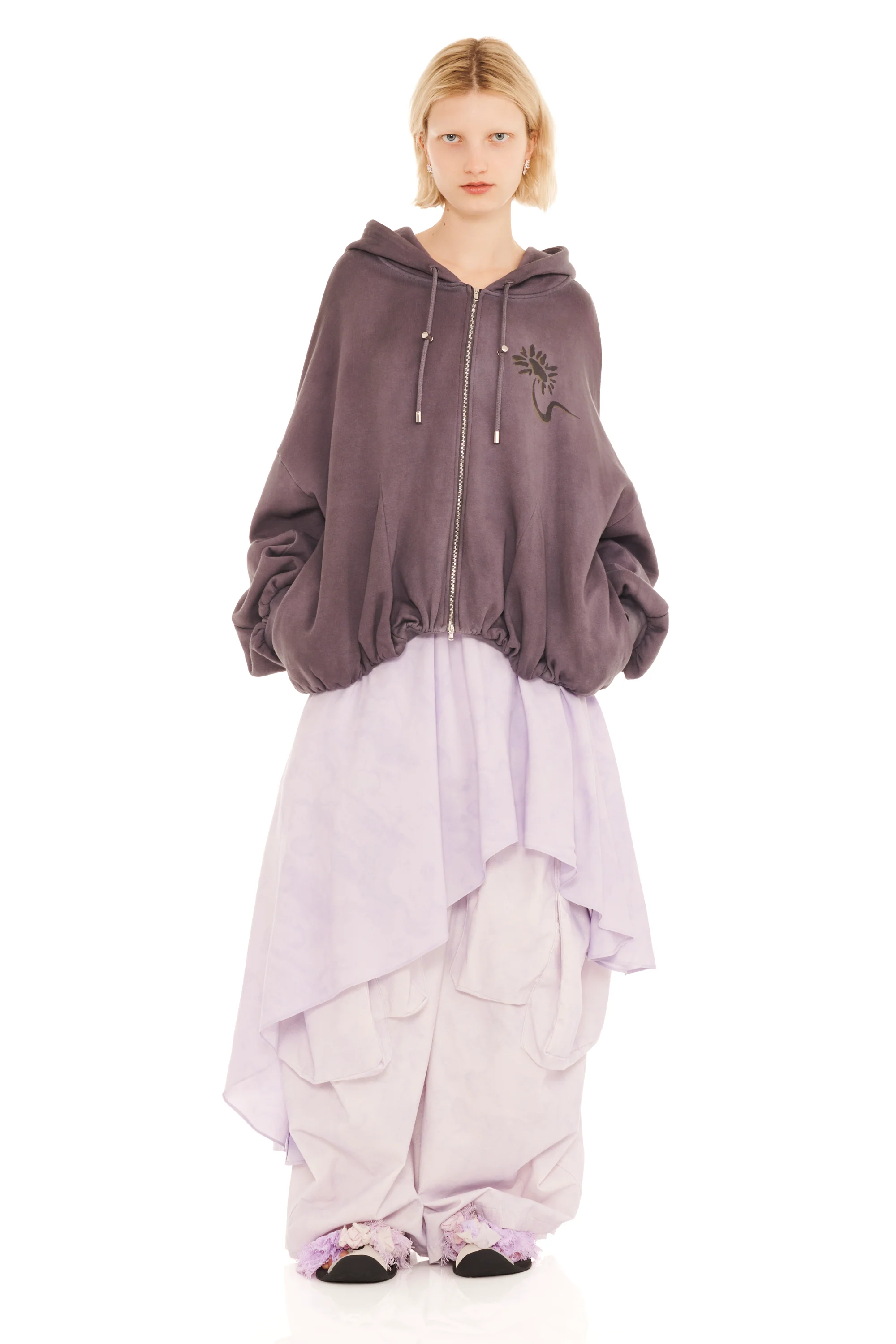 CHARCOAL DAISIES GATHERED ZIP UP HOODIE - Image 3