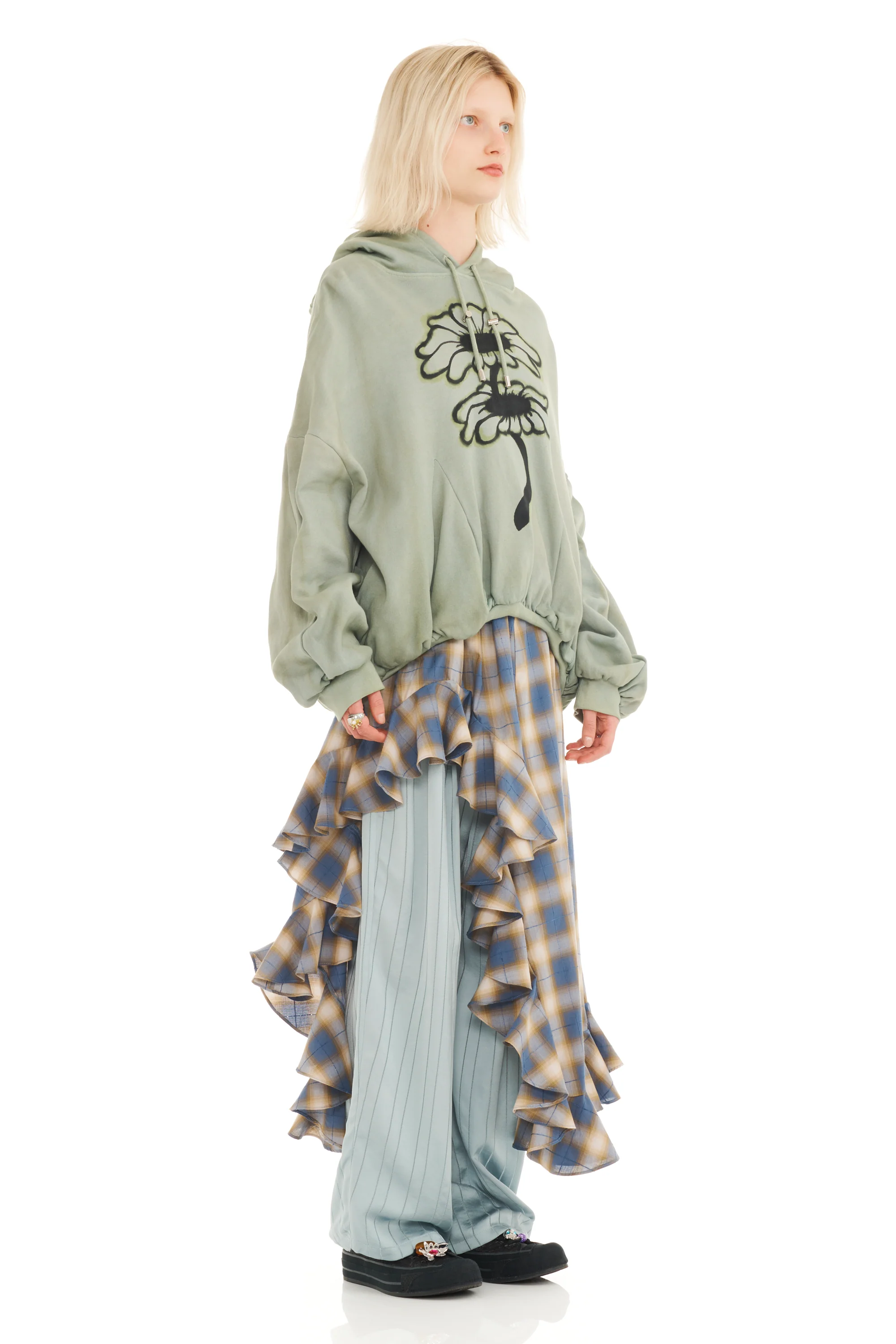 OLIVE TWIN FLOWERS GATHERED HOODIE - Image 2